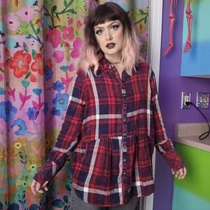 Free People Easy Street Plaid Button Down Red Navy Top Pockets